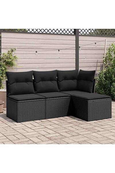 vidaxl Set mobilier de gradina cu perne, 4 piese, negru, poliratan