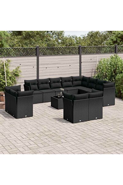 vidaxl Garden furniture set with cushions, 13 pieces, black, polyrattan