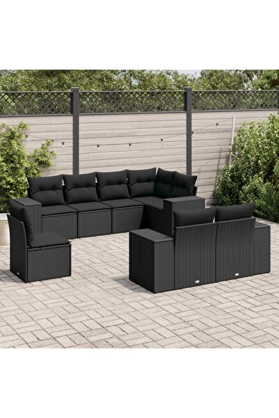 vidaxl Garden furniture set with cushions, 8 pieces, black, polyrattan