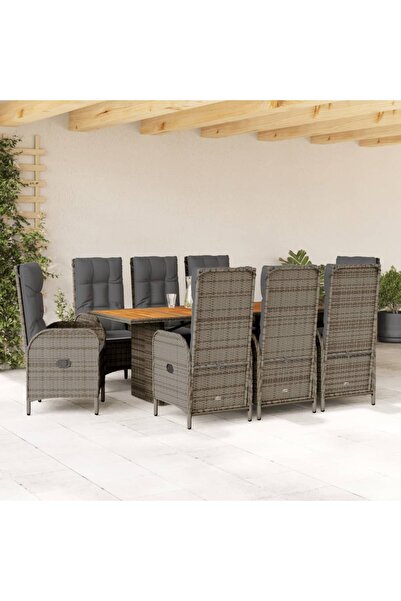 vidaxl Garden furniture set with cushions, 9 pieces, grey, polyrattan
