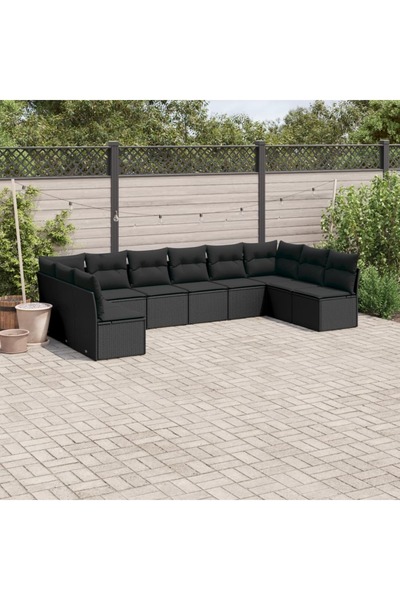 vidaxl Garden sofa set with cushions, 10 pieces, black, polyrattan