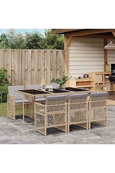 vidaxl 7-piece garden table set with cushions, beige, polyrattan