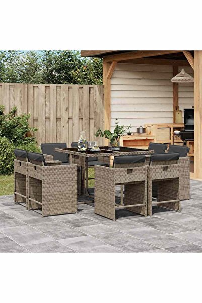 vidaxl Garden furniture set with cushions, 9 pieces, grey, polyrattan