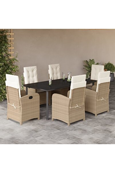 vidaxl Set de masa pentru gradina, 7 piese, cu perne, bej, poliratan