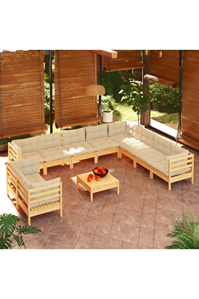 vidaxl Set mobilier gradina cu perne crem, 11 piese, lemn masiv de pin