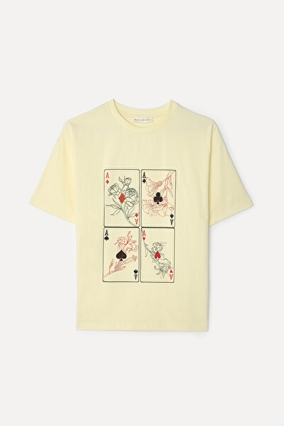 Mudo Women's Yellow Printed Crew Neck T-Shirt