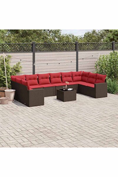 vidaxl Garden sofa set with cushions, 11 pieces, brown, polyrattan