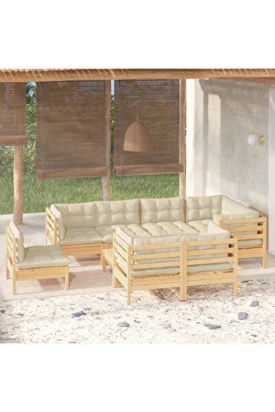 vidaxl Set mobilier gradina cu perne crem, 9 piese, lemn masiv de pin