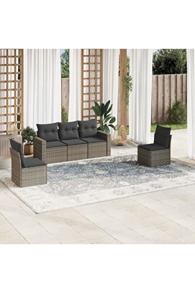 vidaxl Set canapea de gradina cu perne, 5 piese, gri, poliratan