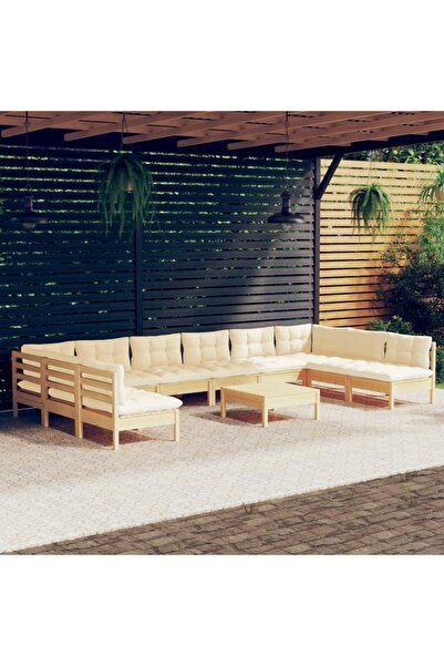 vidaxl Set mobilier gradina cu perne crem, 11 piese, lemn masiv de pin
