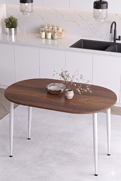 Mufian Concept İskandinav Modern Oval 70x110 CM Beyaz Metal Ayaklı Ceviz Mutf...