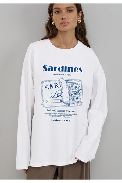 Jose Clothing White Printed Long Sleeve Cotton T-Shirt Suitable for Hijab