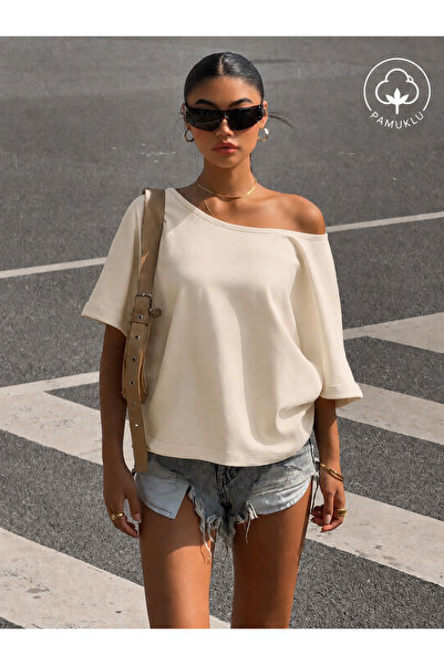 peri tower Women's One-Shoulder Off-Shoulder Loose Cotton in Soft-Textured Ba...