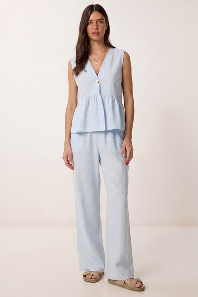 Lovelyİstanbul Set bluză și pantaloni din in LAZ0009 ALBASTRU CER