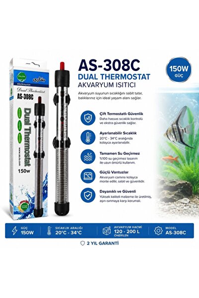 Fatih-Pet AS-308C 150W Çift Termostatlı Akvaryum Isıtıcısı Ayarlanabilir Su I...