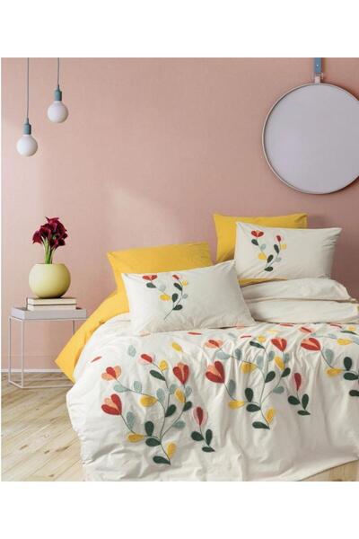 Cotonbox Puff Embroidered Double Duvet Cover Set Nella Mustard