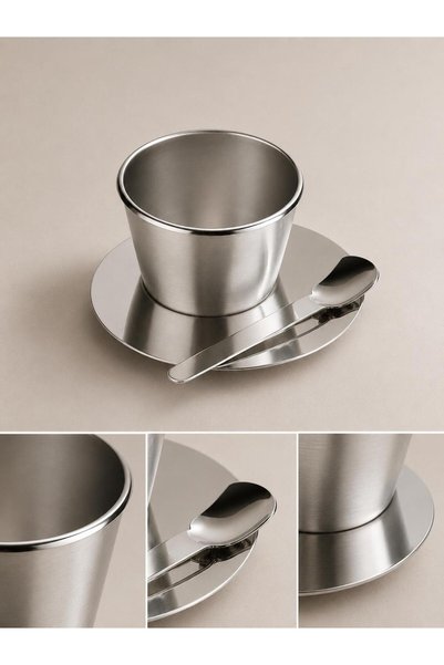 Gaia Concept Silver Stainless Steel Ice Cream Bowl Set with Spoon and Plate, Dessert Serving Bowl 210 ml