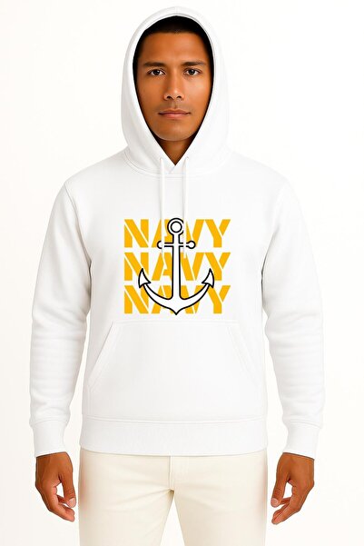Bahriyeli Collection Hooded Trio Navy Anchor Chest and Back Printed Unisex Sw...