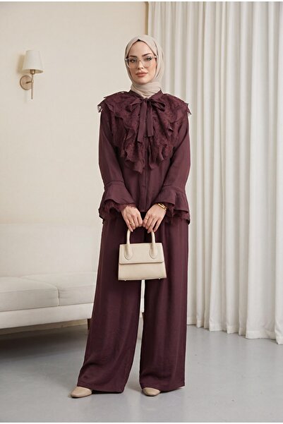 Modamorfo Cupra Suit with Tie-Neck Lace, Ruffles, Belted Pants and Lining - Plum