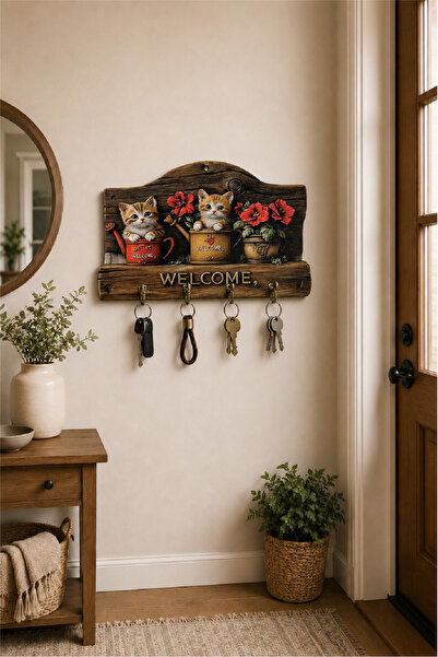 no77decor Sevimli Kediler Welcome Dekoratif Duvar Askılı Anahtarlık – 3D Görü...