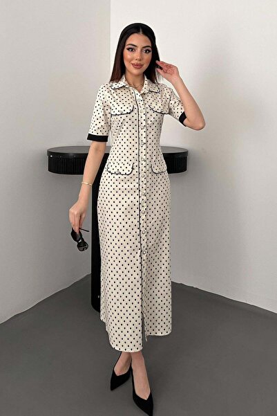 Caddebostan Moda Buttoned, Pocketed, Polka Dot Shirt Collar Midi Dress