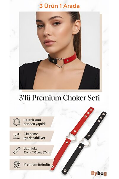 BYBAG Kadın 3'lü Set Kalp Detaylı Ayarlanabilir Suni Deri Choker Tasma Kolye ...