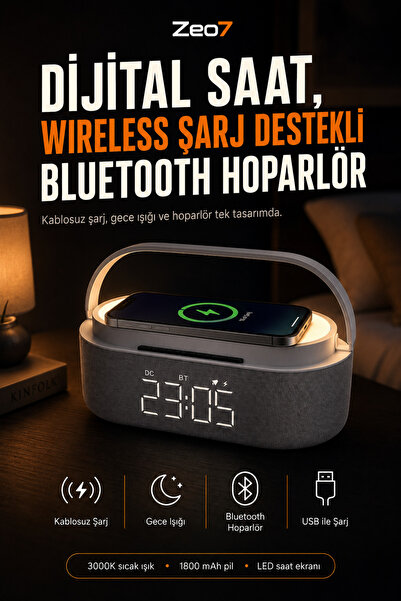 Zeo7 RGB & Led Işıklı Dijital Masa Saatli Gece Lambası Wireless Şarj Destekli...