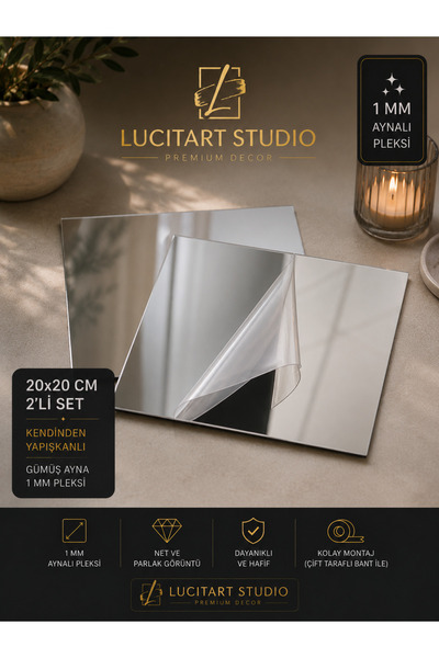 LucitART Dekoratif Kare Pleksi Ayna - 2 adet 20x20 cm Kendinden Yapışkanlı, K...
