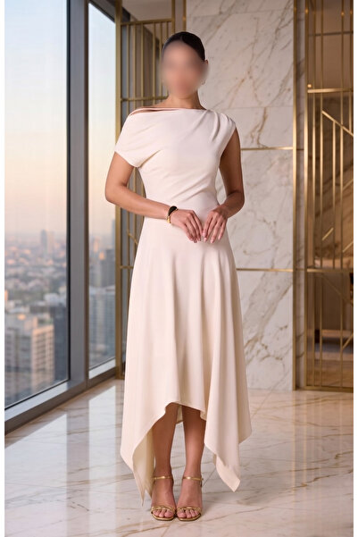 Mazon Fashion Asymmetrical Crepe Midi Dress with Off-Shoulder