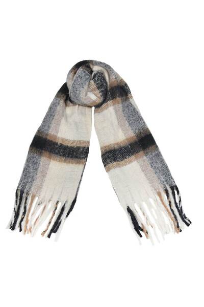 Zumzeria Beige Brown Scarf with Plaid Long Fringes 185x60cm 305g