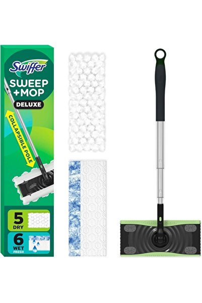 Swiffer طقم ممسحة سويبي آند موبي ديلوكس 2 في 1، جهاز واحد، 5 عبوات إعادة تعبئ...