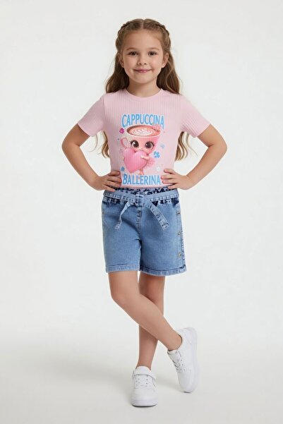 Cansın Mini Powder Ballerina Printed T-Shirt and Buttoned Jean Shorts Girls' ...