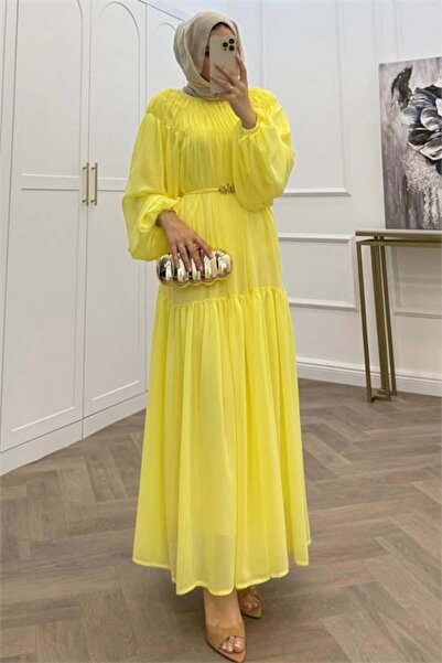 Dipmoda Women's Yellow Balloon Sleeve Lined Chiffon Hijab Dress with Belt Det...