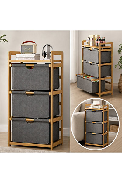 ABS Etajera din bambus cu cos de rufe si 3 saci textili detasabili, raft superior pentru depozitare, 45 x 32 x 96 cm