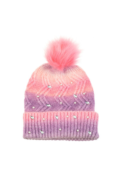 Zumzeria Ombre Pink Lilac Beanie with Rhinestone Beads and Pom Pom for Kids