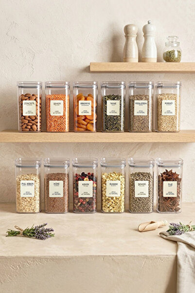 Kitchen Life Set de 12 recipiente pătrate pentru condimente, acrilice, gri, e...