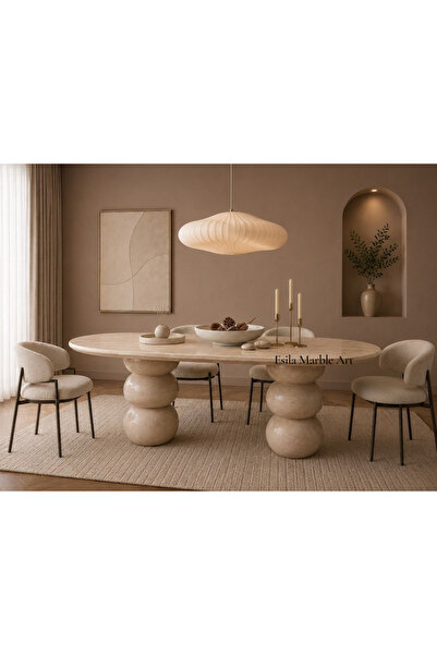 ESİLA MARBLE Lüks Traverten Yemek Masası – Modern Oval Mermer Masa