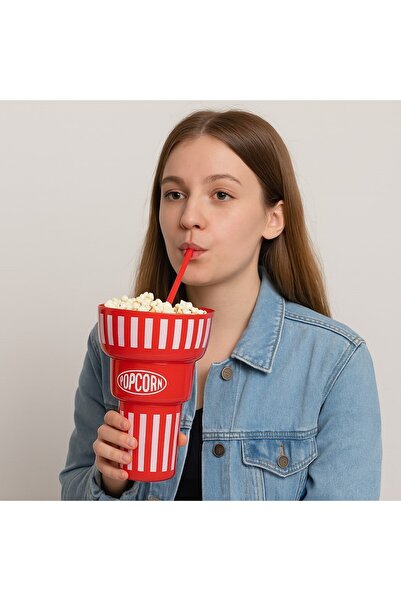 Zumzeria Popcorn Drink Cup Red Cup with Straw Ø14.5x22.5cm