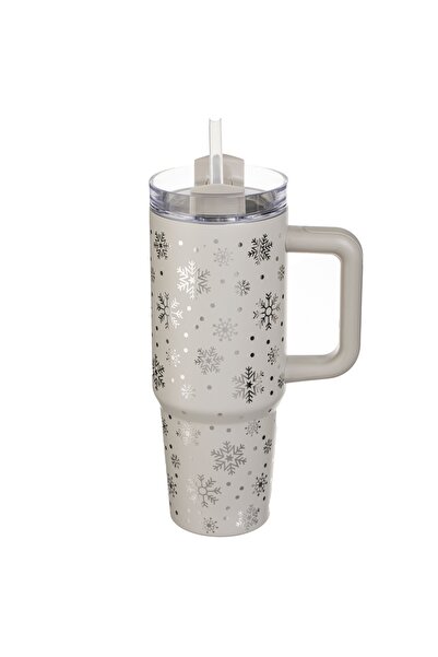 Zumzeria Stainless Steel Christmas Thermos Mug Gray with Silver Snowflakes & ...