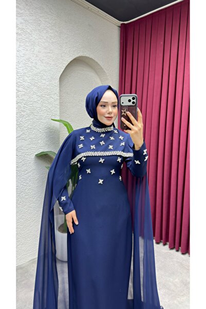 Kalemen Moda Parla Pelerinli Kalem Abiye 8054 Lacivert