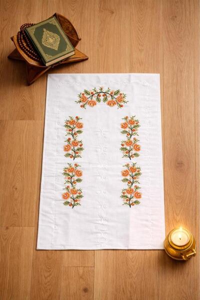 Çeyiz Diyarı Cross-Stitch Embroidered Gardenia 70X135 cm Prayer Rug Orange