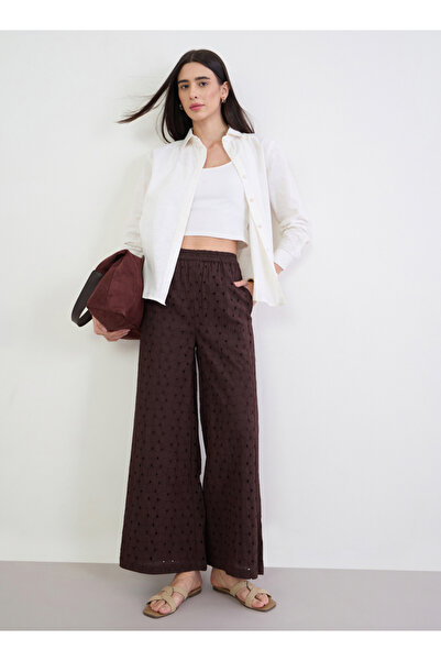 Styli Coffee Brown Schiffli Wide Leg Trousers