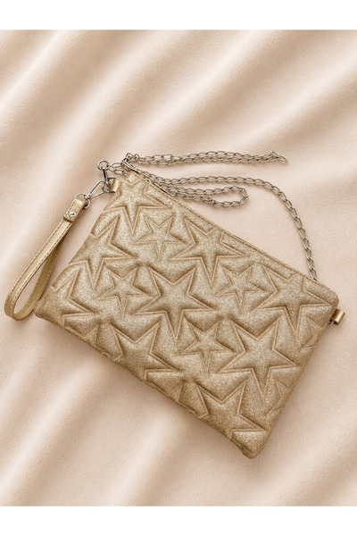 SERENİTY BİJUTERİ Gold Yıldız Dikişli Simli Zincir Askılı Clutch Star Kadın Ç...