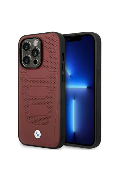 BMW BMHMP14L22RPSR Apple iPhone 14 Pro burgundy Leather Seats Pattern MagSafe