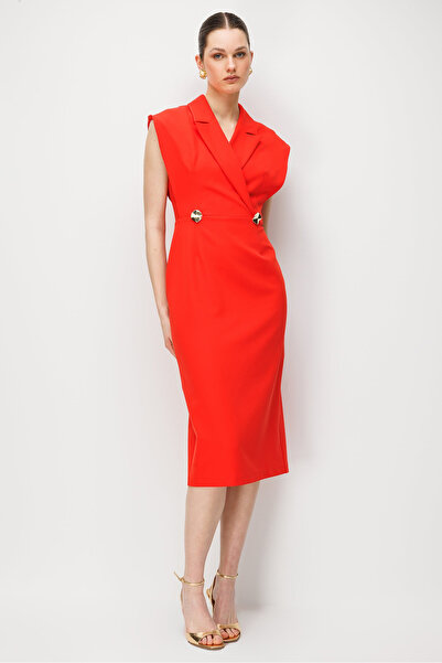 Moda İlgi Women's Double-Breasted Button Detailed Sleeveless Midi Dress 0087 Nar