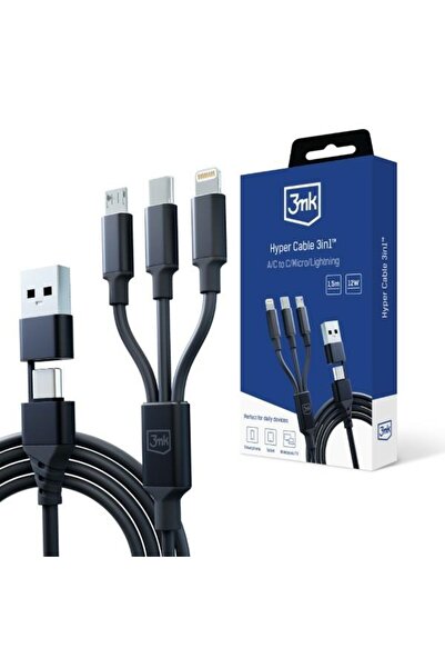 3MK Cablu Hyper 3 în 1 USB-A - USB-C / USB-C, microUSB, Lightning 1.5m negru