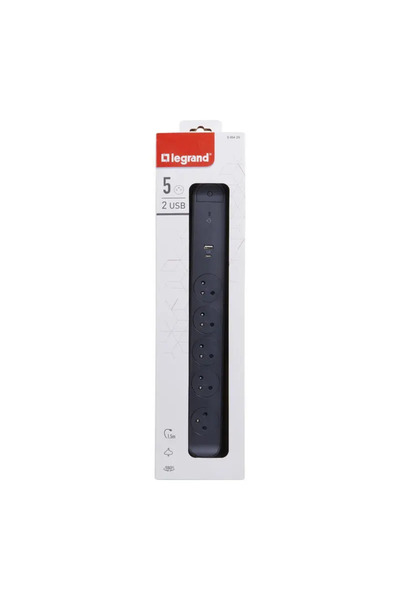 Legrand Backloader 5x2PZ +USB A/C 1,5m negru