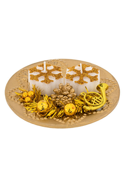 Zumzeria Farfurie decorativă cu 2 lumânări aurii și fulgi de zăpadă 13cm