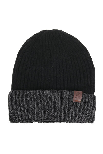 Zumzeria Căciulă tricotată negru-gri cu căptușeală din fleece și patch din PU...