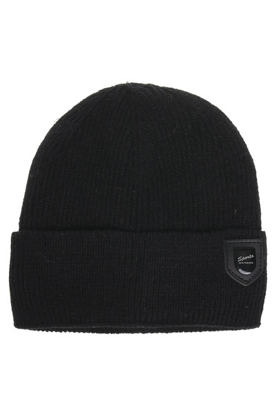 Zumzeria Căciulă tricotată neagră cu căptușeală din fleece și patch din PU 'S...
